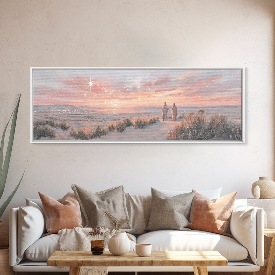Bethlehem Dawn Glow, Framed Canvas Print, Christian Wall Art, Panoramic Frame, Christian Christmas Art, Jesus Art Print, Christmas Decor