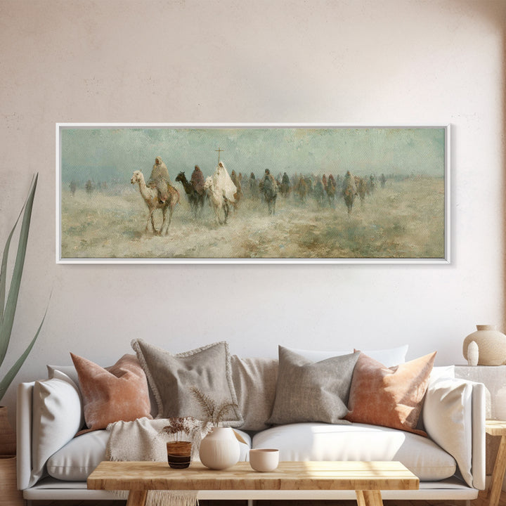 Pilgrims In Haze – Framed Canvas Print – Christian Wall Art – Panoramic Painting – Christian Art Canvas – Christmas Art – Christian Decor