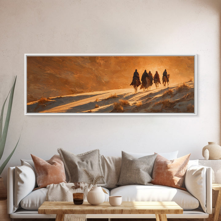Golden Caravan Light, Framed Canvas Print, Christian Christmas Art, Panoramic Wall Art, Christian Art Canvas, Jesus Painting, Christmas Wal