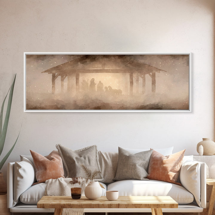 Glory In The Stable | Framed Canvas Print | Christian Wall Art | Christian Art Canvas | Extra Wide Art | Christmas Art | Christian Painting