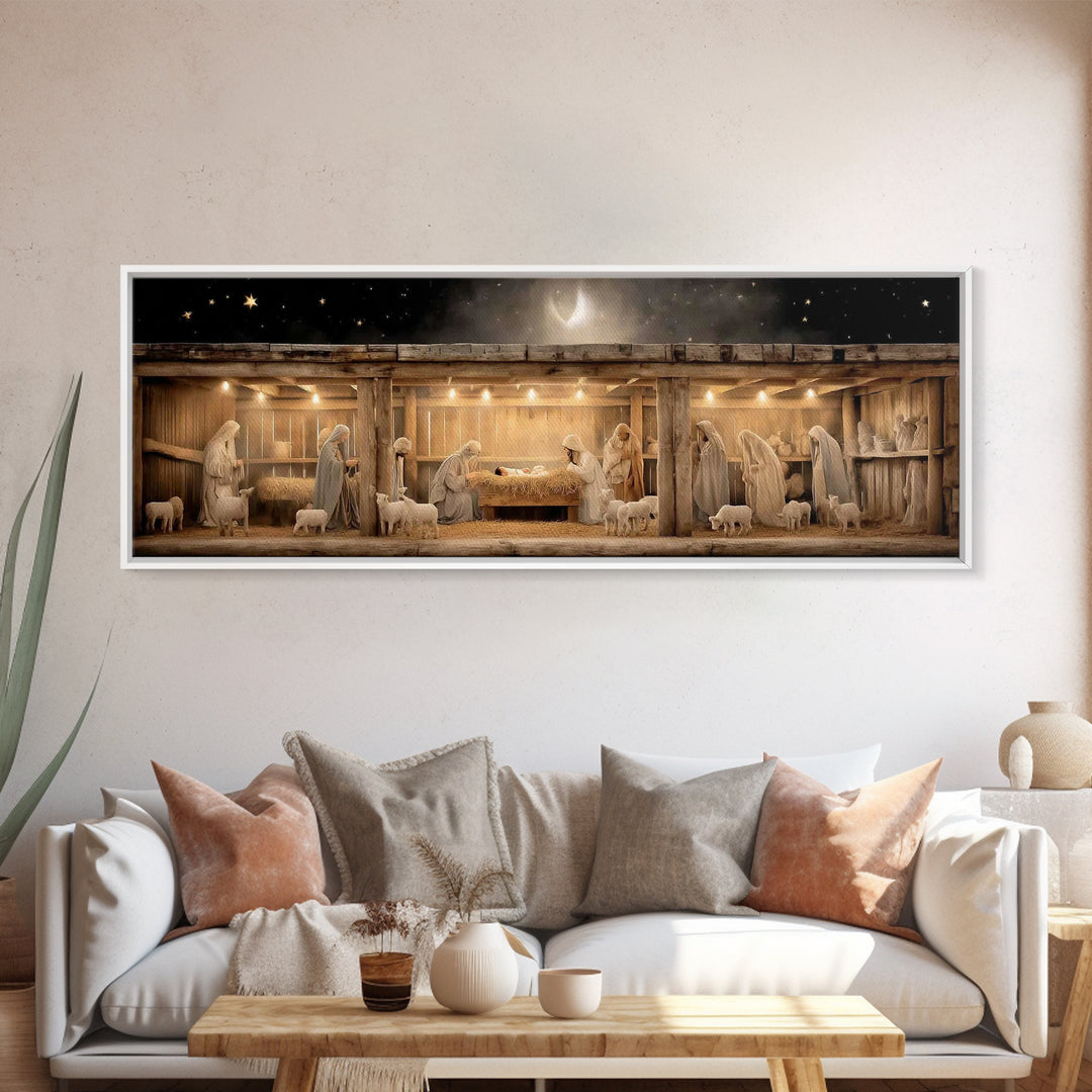 Nativity Serenity – Framed Canvas Print – Christian Wall Art – Christian Art Canvas – Panoramic Frame – Christmas Art – Christian Christmas