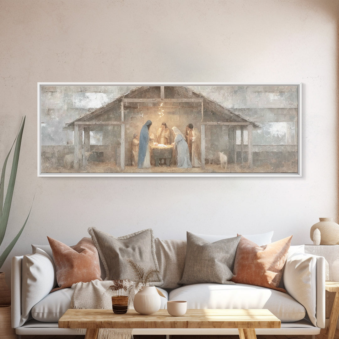 Starry Night Nativity, Framed Canvas Print, Christian Wall Art, Christian Art Canvas, Panoramic Art, Christmas Art, Jesus Christmas Art