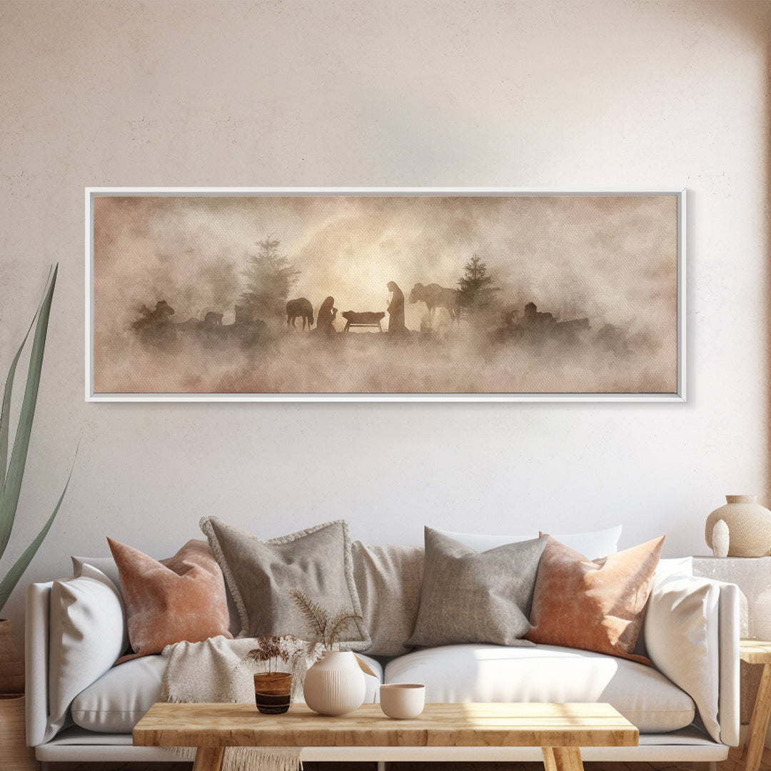 Manger In The Mist, Framed Canvas Print, Panoramic Art, Christian Wall Art, Christian Art Canvas, Christmas Art, Christian Decor, Jesus Pai