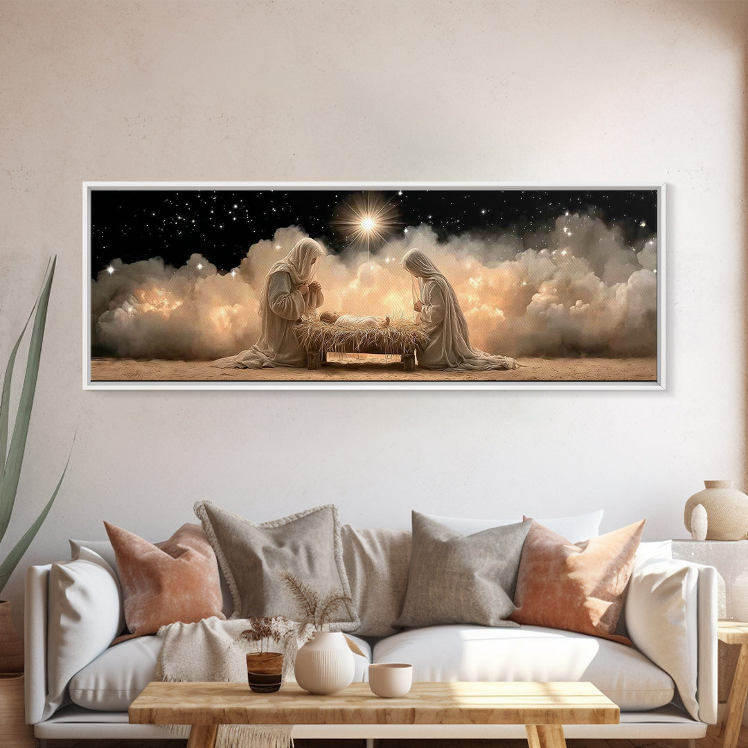 Celestial Manger Peace – Framed Canvas Print – Panoramic Art – Christian Wall Art – Christian Art Canvas – Christmas Art – Jesus Painting –