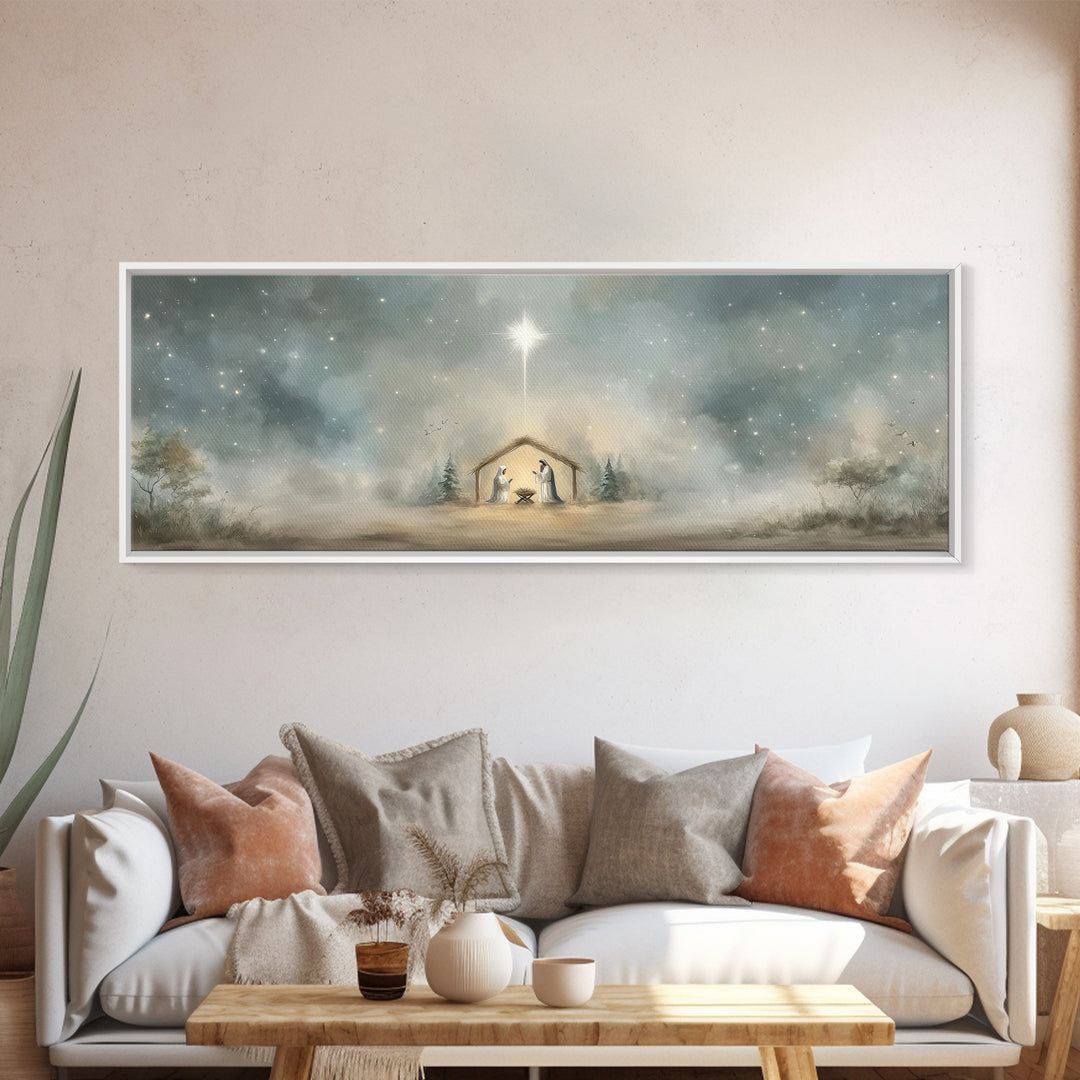 Holy Dawn Light | Framed Canvas Print | Christian Wall Art | Christmas Art | Panoramic Wall Art | Christian Art Canvas | Jesus Painting