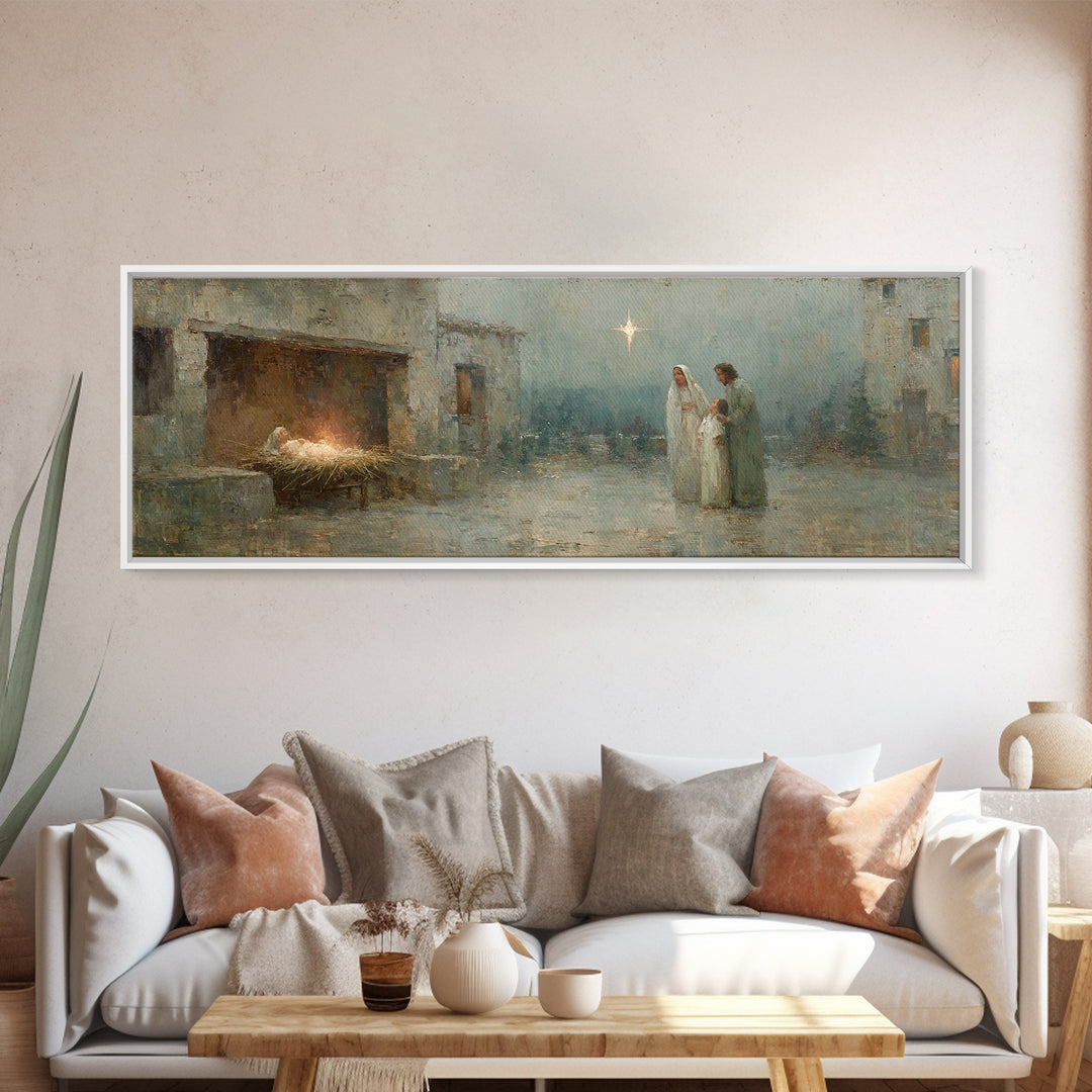Bethlehem Evening, Framed Canvas Print, Christian Wall Art, Christian Christmas Art, Panoramic Painting, Christian Art Canvas, Jesus Painti