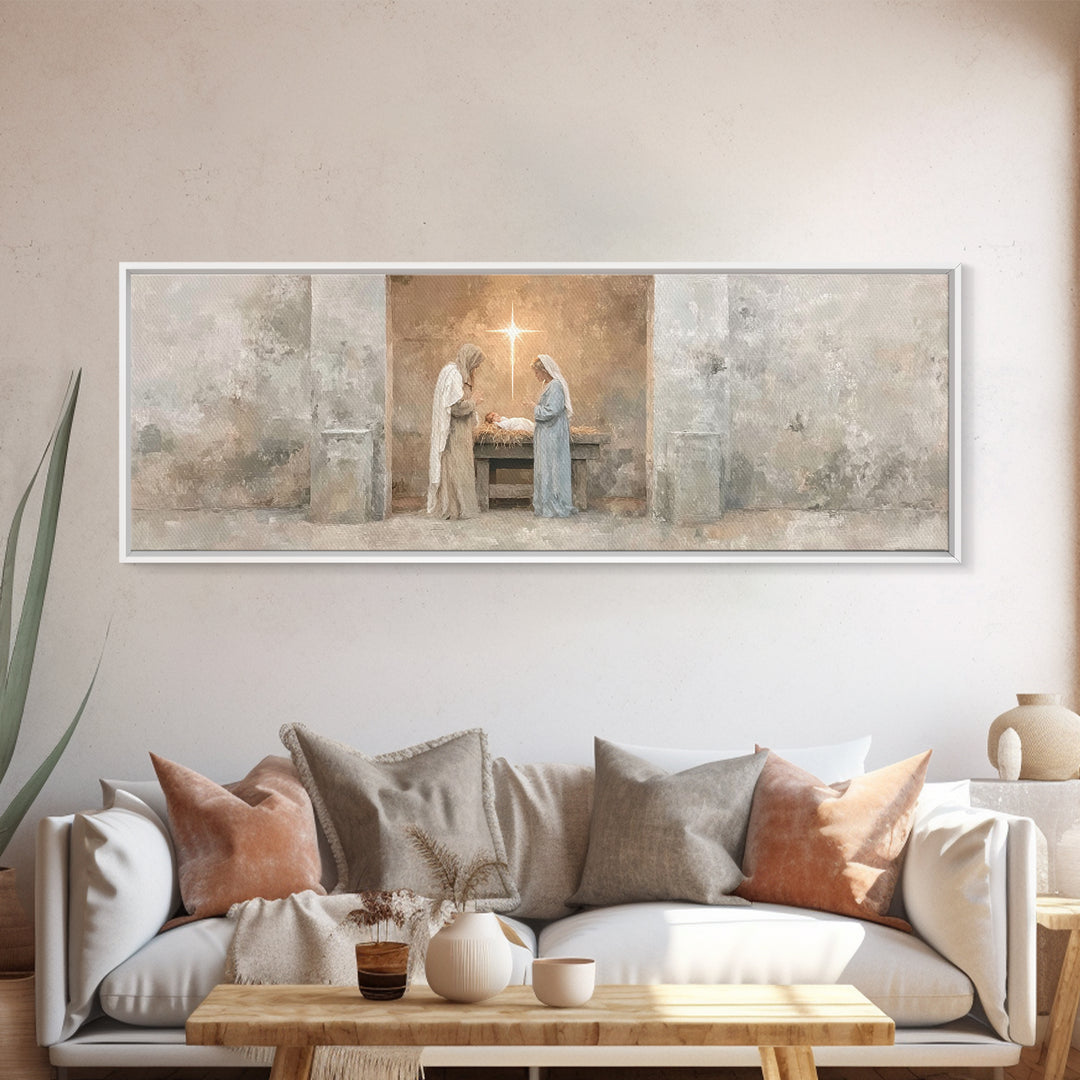 Humble Manger Peace – Framed Canvas Print – Christian Wall Art – Christmas Art – Panoramic Print – Christian Art Canvas – Christian Decor