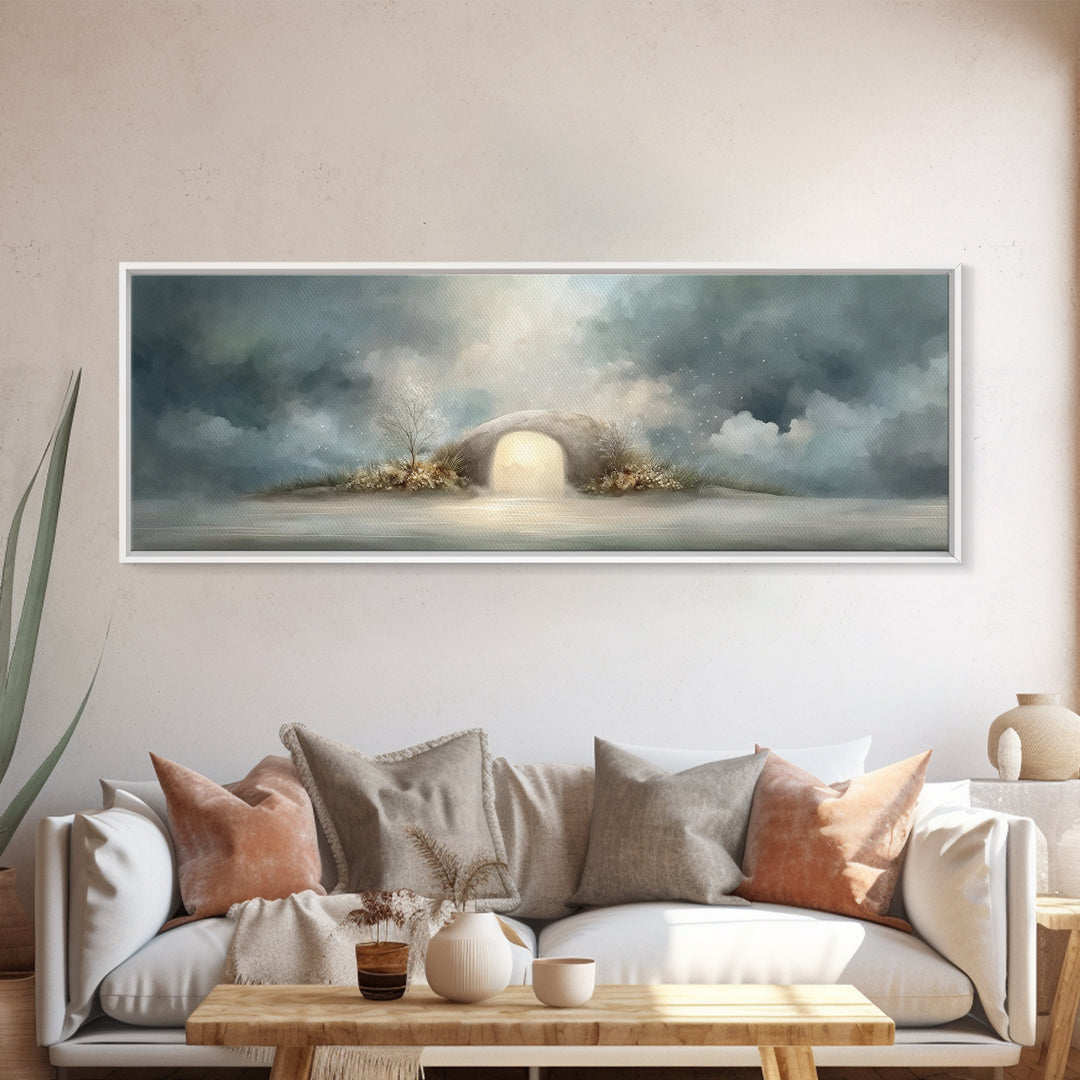 Heavenly Tomb Glow | Framed Canvas Print | Christian Wall Art | Christian Art Canvas | Christian Painting | Panoramic Wall Art | Christmas