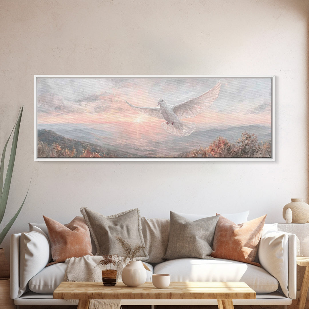 Morning Dove Light | Framed Canvas Print | Christian Wall Art | Christian Art Canvas | Panoramic Print | Christian Decor