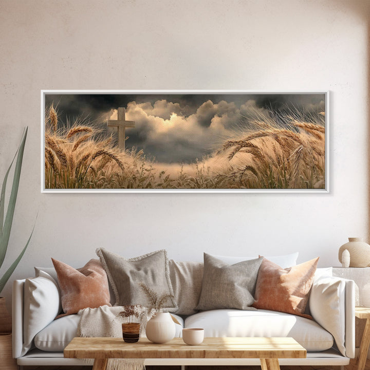 Wheatland Cross | Framed Canvas Print | Christian Wall Art | Christian Art Canvas | Panoramic Painting | Christian Art Gift