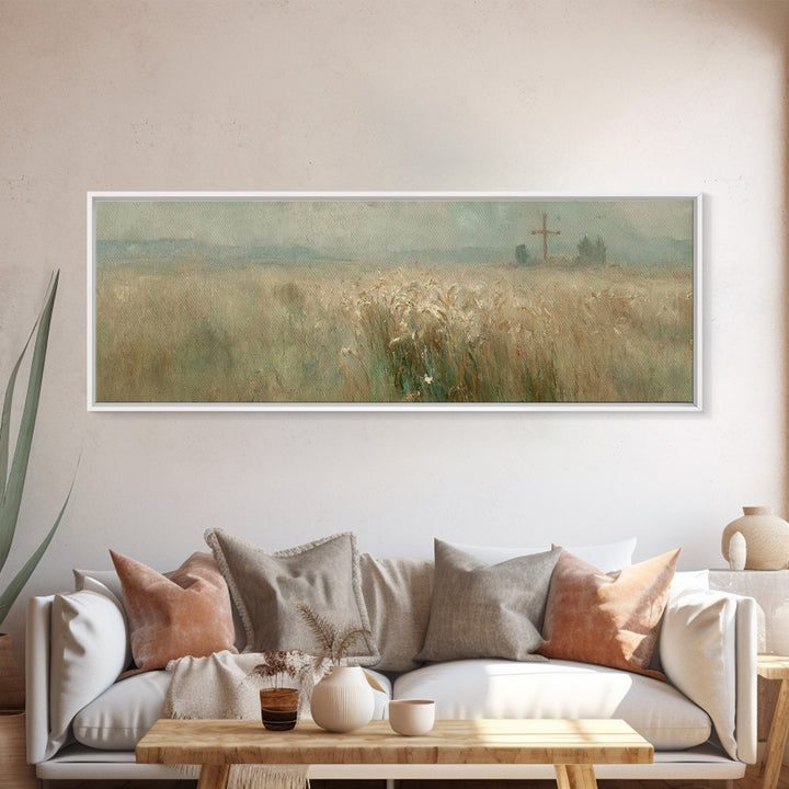 Silent Crossfield, Framed Canvas Print, Christian Wall Art, Christian Art Canvas, Panoramic Painting, Christian Art Work