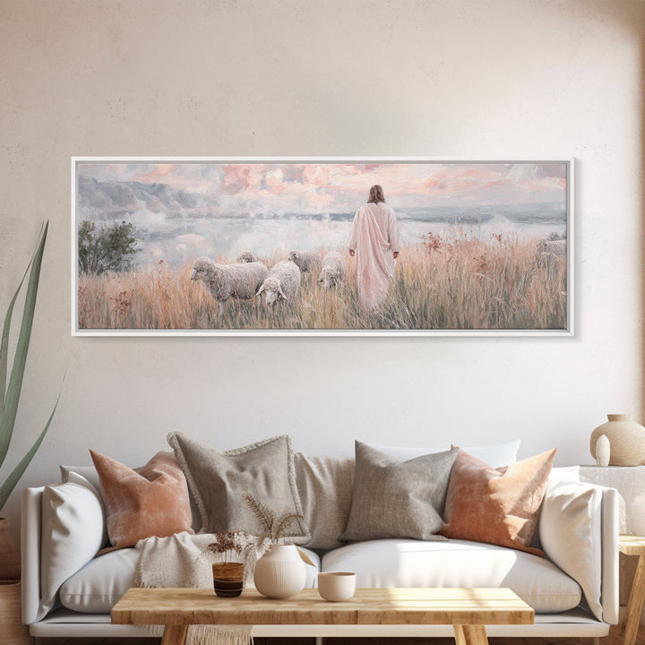 Pastures Of Grace – Framed Canvas Print – Christian Wall Art – Panoramic Art – Jesus Painting – Christian Art Canvas – Christian Decor – Ch