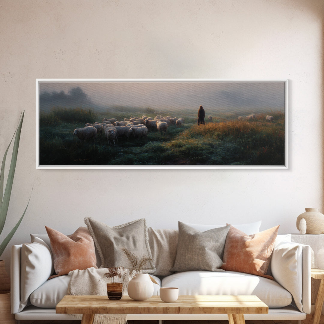 Morning Shepherd Light – Framed Canvas Print – Panoramic Print – Christian Wall Art – Jesus Painting – Christian Art Canvas – Christian Chr