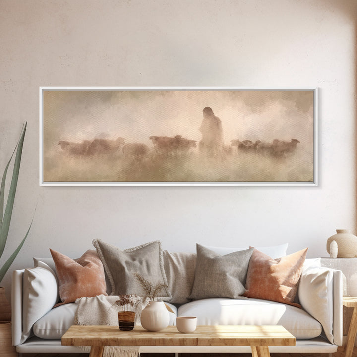 Guiding Shepherd | Framed Canvas Print | Panoramic Wall Art | Christian Art Canvas | Jesus Painting | Christian Decoration | Christian Gift