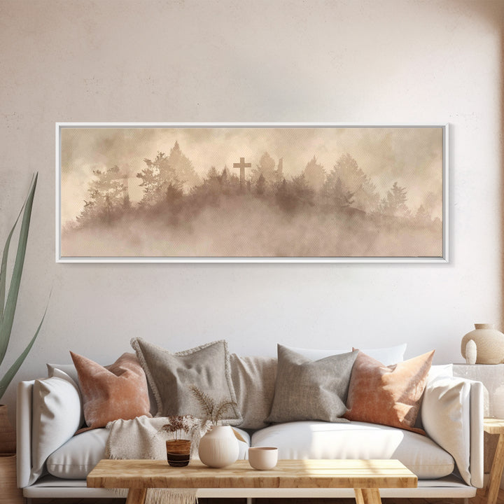 Silent Summit Cross - Framed Canvas Print - Panoramic Art - Christian Wall Art - Christian Art Canvas - Jesus Painting - Christian Christma