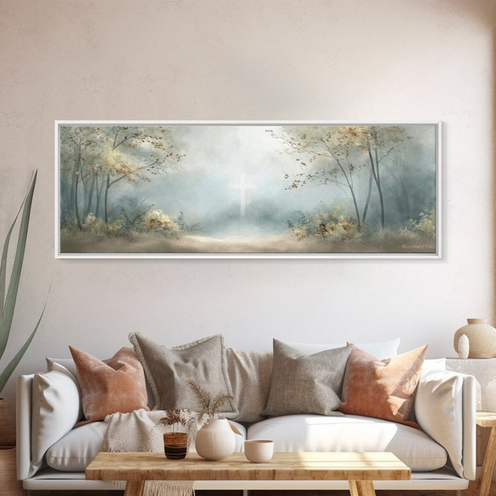 Gentle Morning Cross | Framed Canvas Print | Panoramic Wall Art | Christian Art Canvas | Christian Wall Art | Jesus Painting | Christian De