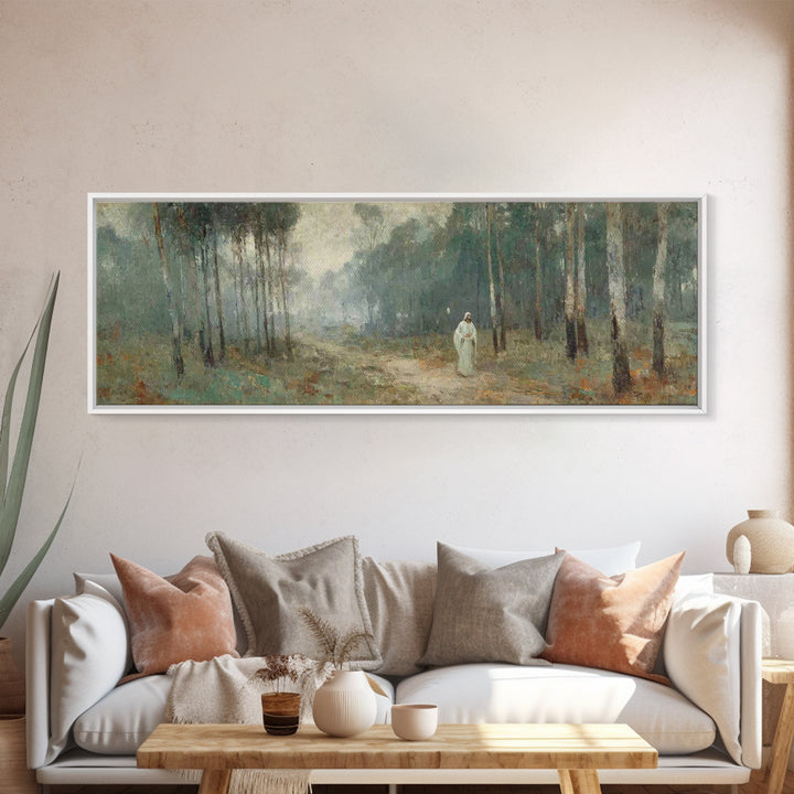 Quiet Woodland Savior, Framed Canvas Print, Panoramic Wall Art, Christian Art Canvas, Christian Wall Art, Jesus Painting, Christian Christm
