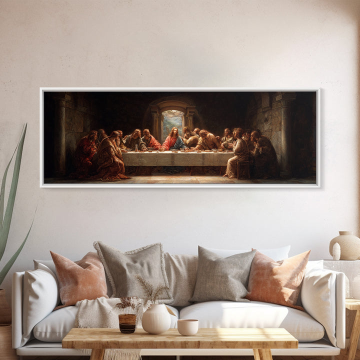 Sacred Supper Moment, Framed Canvas Print, Panoramic Painting, Christian Wall Art, Jesus Painting, Christian Art Canvas, Modern Christian A