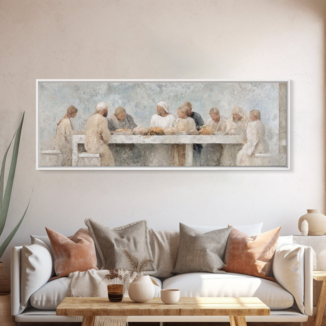 Quiet Table Fellowship – Framed Canvas Print – Panoramic Wall Art – Christian Art Canvas – Jesus Painting – Christmas Wall Art – Christian
