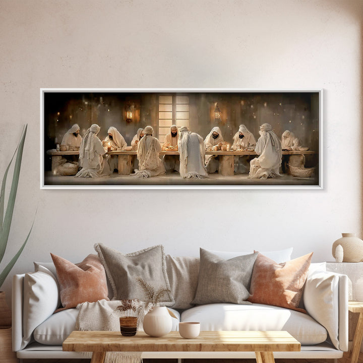 Lantern Lit Gathering | Framed Canvas Print | Panoramic Painting | Christian Wall Art | Jesus Canvas Art | Christian Christmas Art | Christ