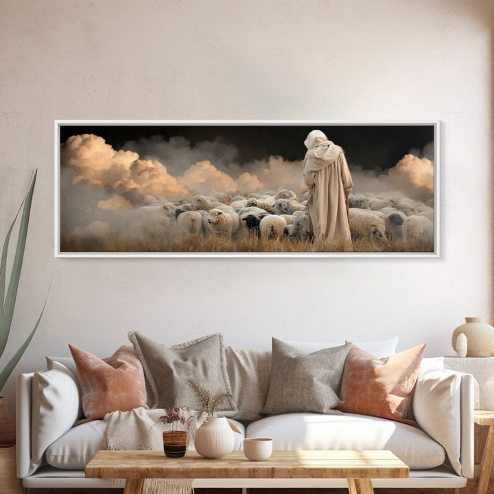 Guardian Of Flock – Framed Canvas Print – Panoramic Art – Jesus Canvas Art – Christian Wall Art – Christian Christmas Decor – Christian Pai