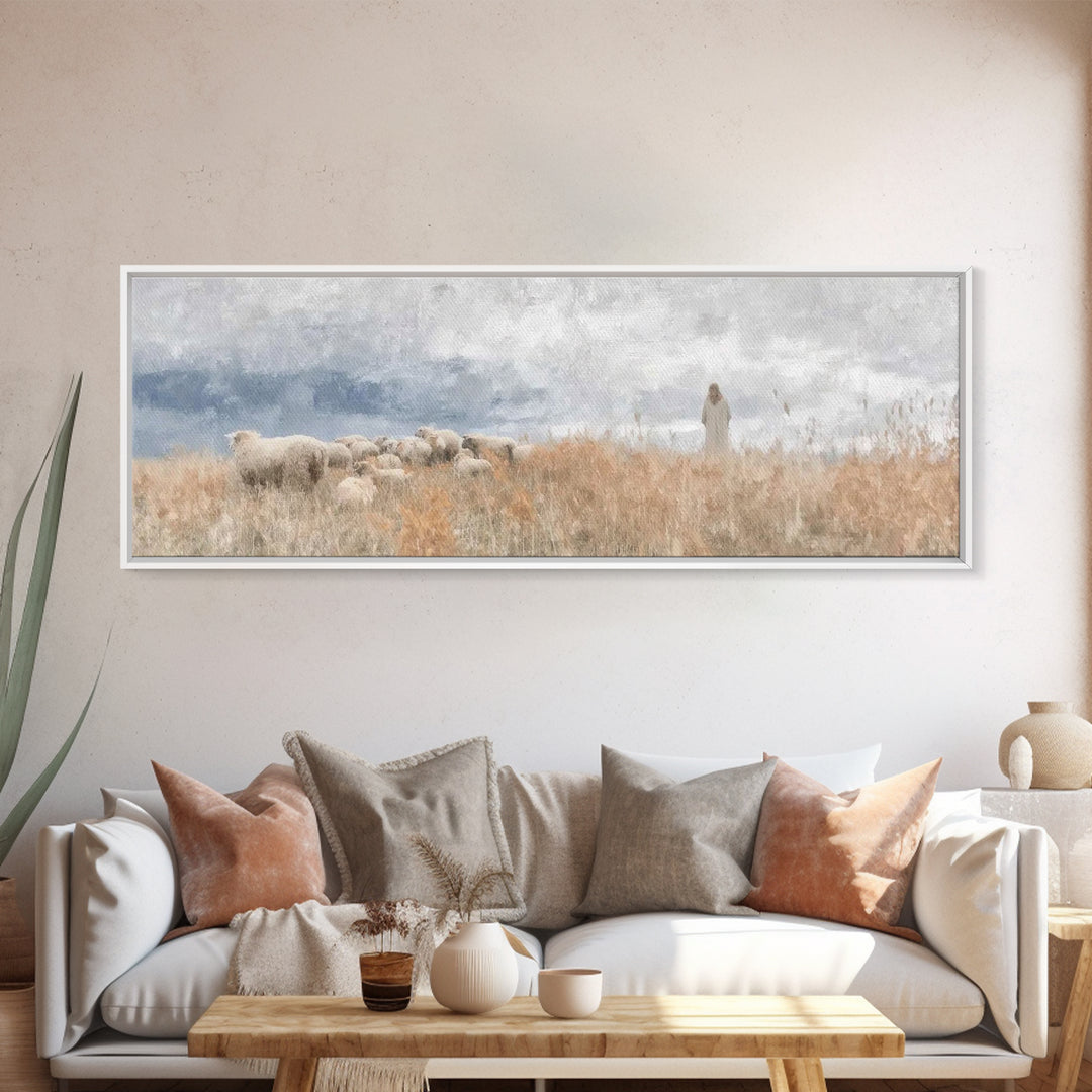 Shoreline Shepherd Dawn | Framed Canvas Print | Panoramic Frame | Christian Art Canvas | Jesus Painting | Christian Wall Art | Subtle Chris