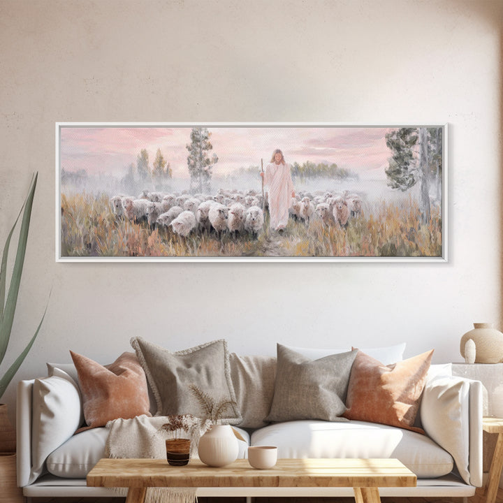 Radiant Shepherd Light, Framed Canvas Print, Panoramic Wall Art, Jesus Canvas Art, Christian Art, Christian Christmas Art, Modern Christian