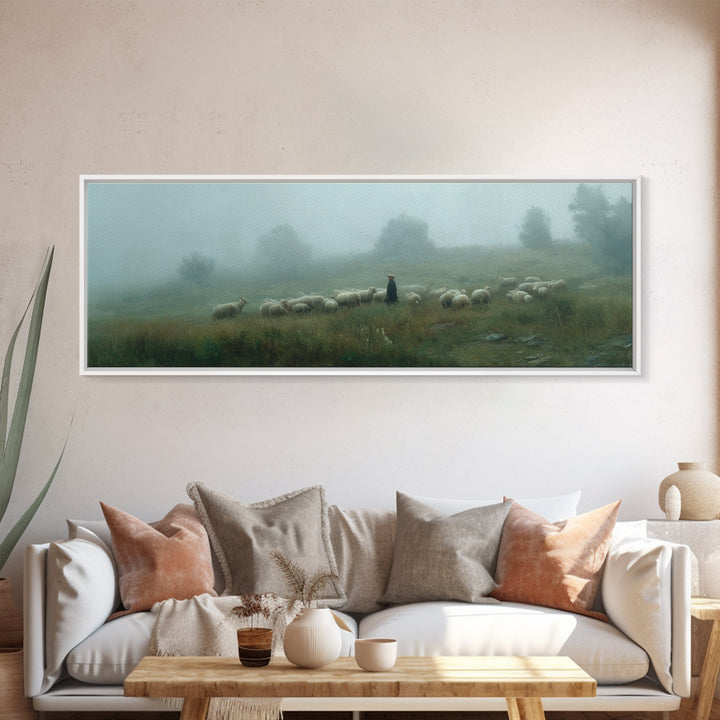 Shepherds In Mist | Framed Canvas Print | Panoramic Art | Christian Wall Art | Christian Art Canvas | Jesus Painting | Subtle Christian Art