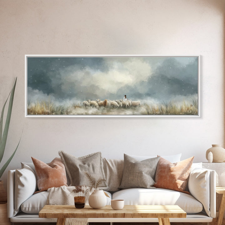 Starry Night Flock – Framed Canvas Print – Panoramic Wall Art – Christian Art Canvas – Christian Christmas Art – Jesus Painting – Christian