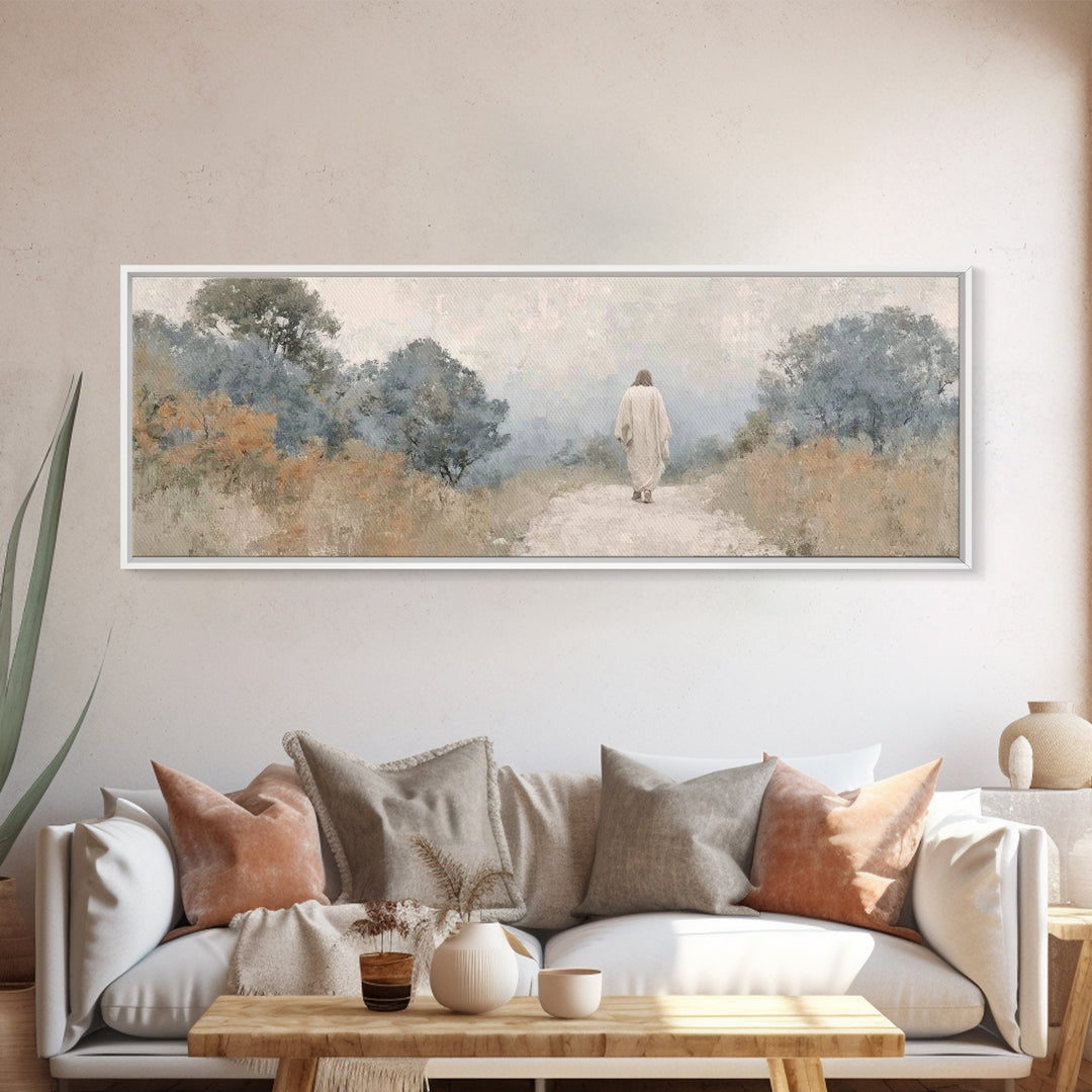 Quiet Garden Walk, Framed Canvas Print, Panoramic Wall Art, Christian Art Canvas, Modern Christian Painting, Christian Gift Ideas, Christia