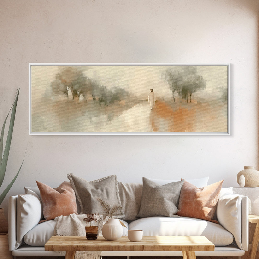 Dawnlit Journey | Framed Canvas Print | Panoramic Painting | Christian Wall Art | Jesus Painting | Christian Art Canvas | Christian Gift