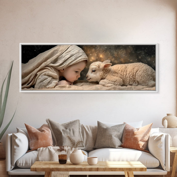 Little Lamb Blessing – Framed Canvas Print – Christian Painting – Panoramic Wall Art – Christmas Art – Christian Art Gift – Christian Decor