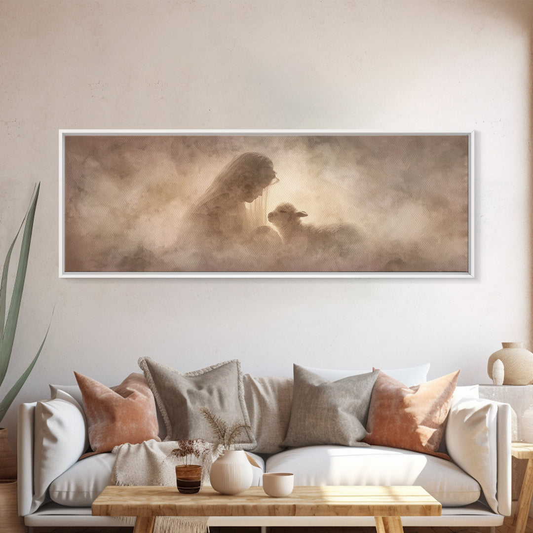 Sacred Embrace, Framed Canvas Print, Christian Christmas Art, Panoramic Painting, Christian Wall Art, Framed Christian Art, Christmas Art