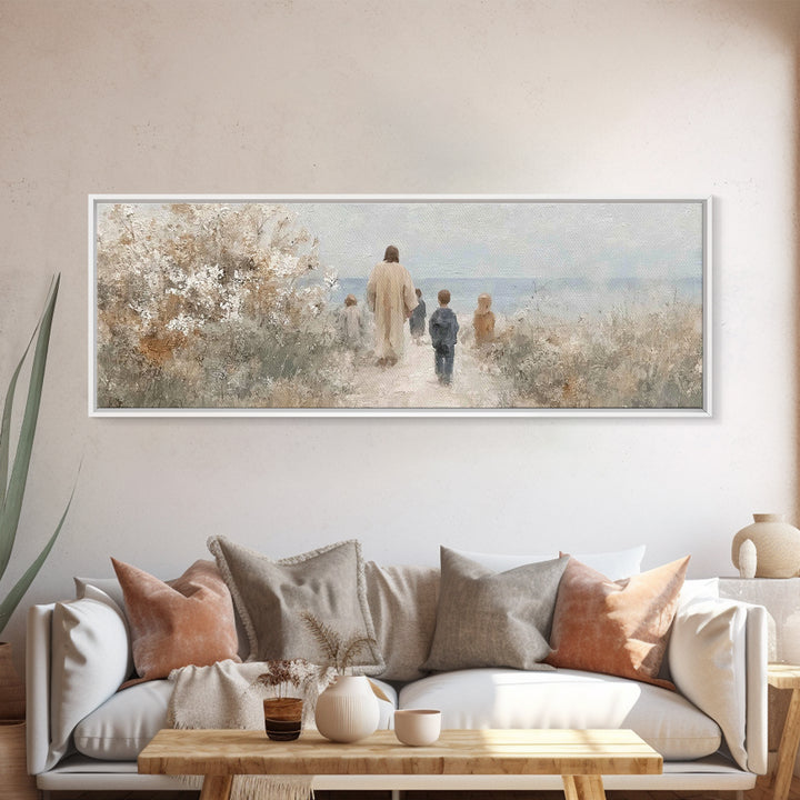 Silent Footsteps, Framed Canvas Print, Christian Art Canvas, Panoramic Painting, Jesus Wall Art, Christian Art Gift, Christmas Art