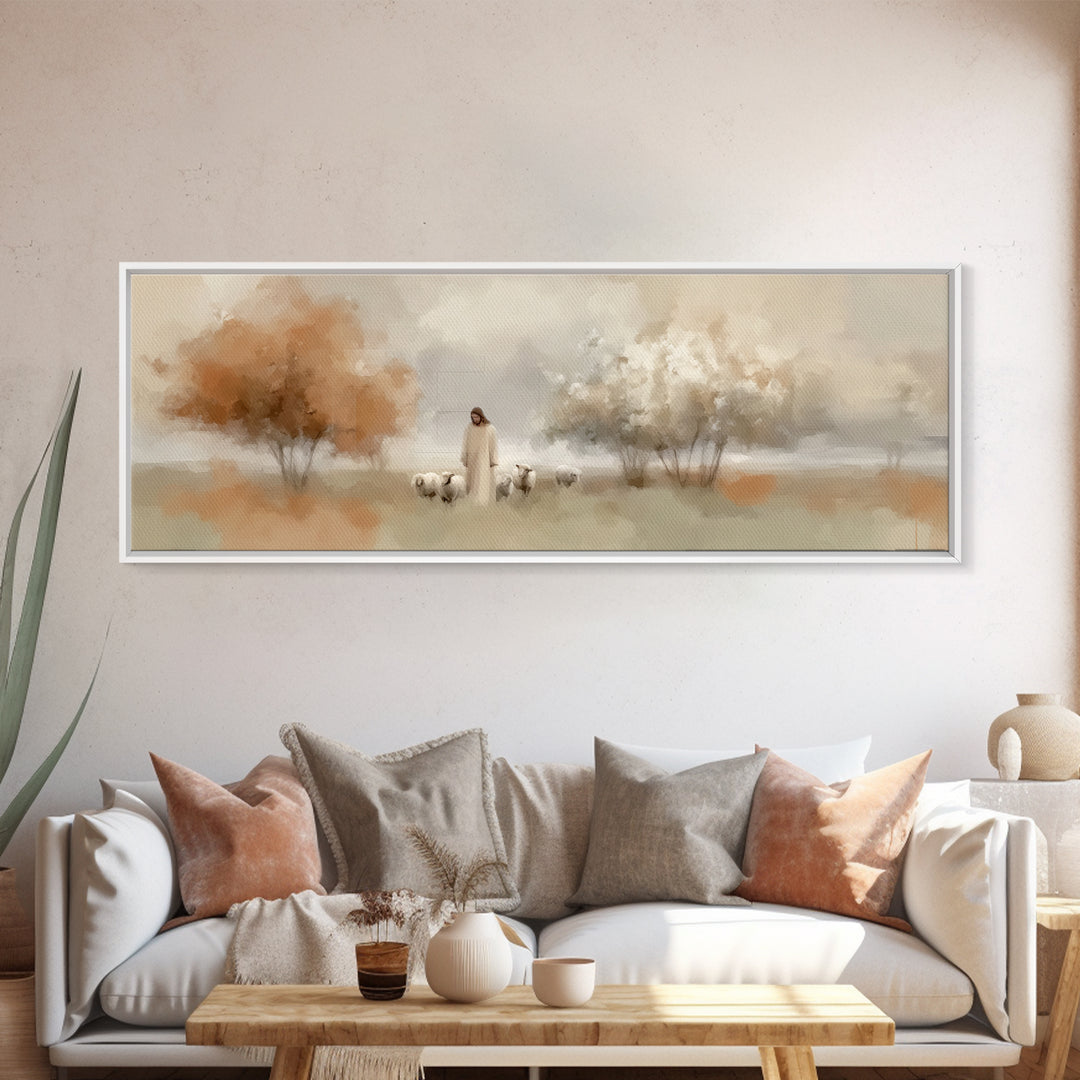 Shepherd’s Haven – Framed Canvas Print – Christian Art Canvas – Panoramic Wall Art – Jesus Painting – Christian Gift Ideas – Christmas Art