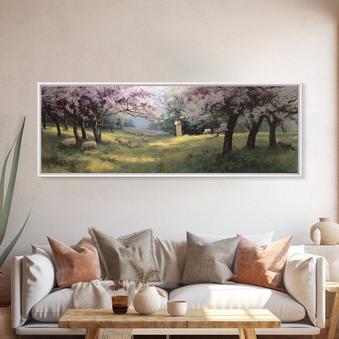 Silent Meadow Blessing | Framed Canvas Print | Jesus Painting | Panoramic Print | Christian Wall Art | Christian Art Canvas | Christmas Art