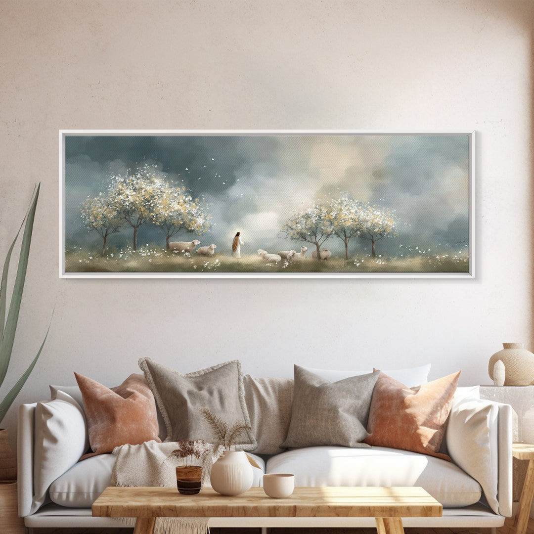 Radiant Shepherd Light – Framed Canvas Print – Christian Art Canvas – Panoramic Painting – Jesus Wall Art – Christian Christmas Art
