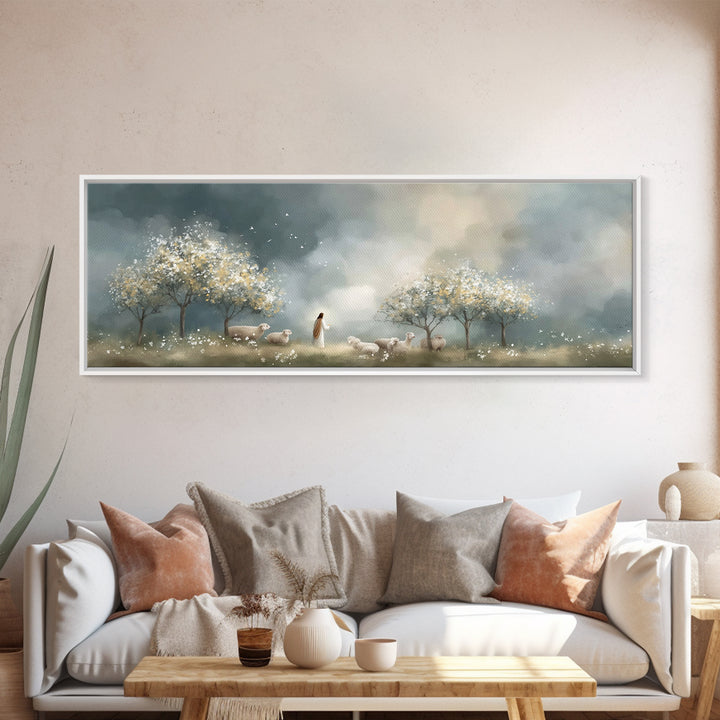 Radiant Shepherd Light – Framed Canvas Print – Christian Art Canvas – Panoramic Painting – Jesus Wall Art – Christian Christmas Art