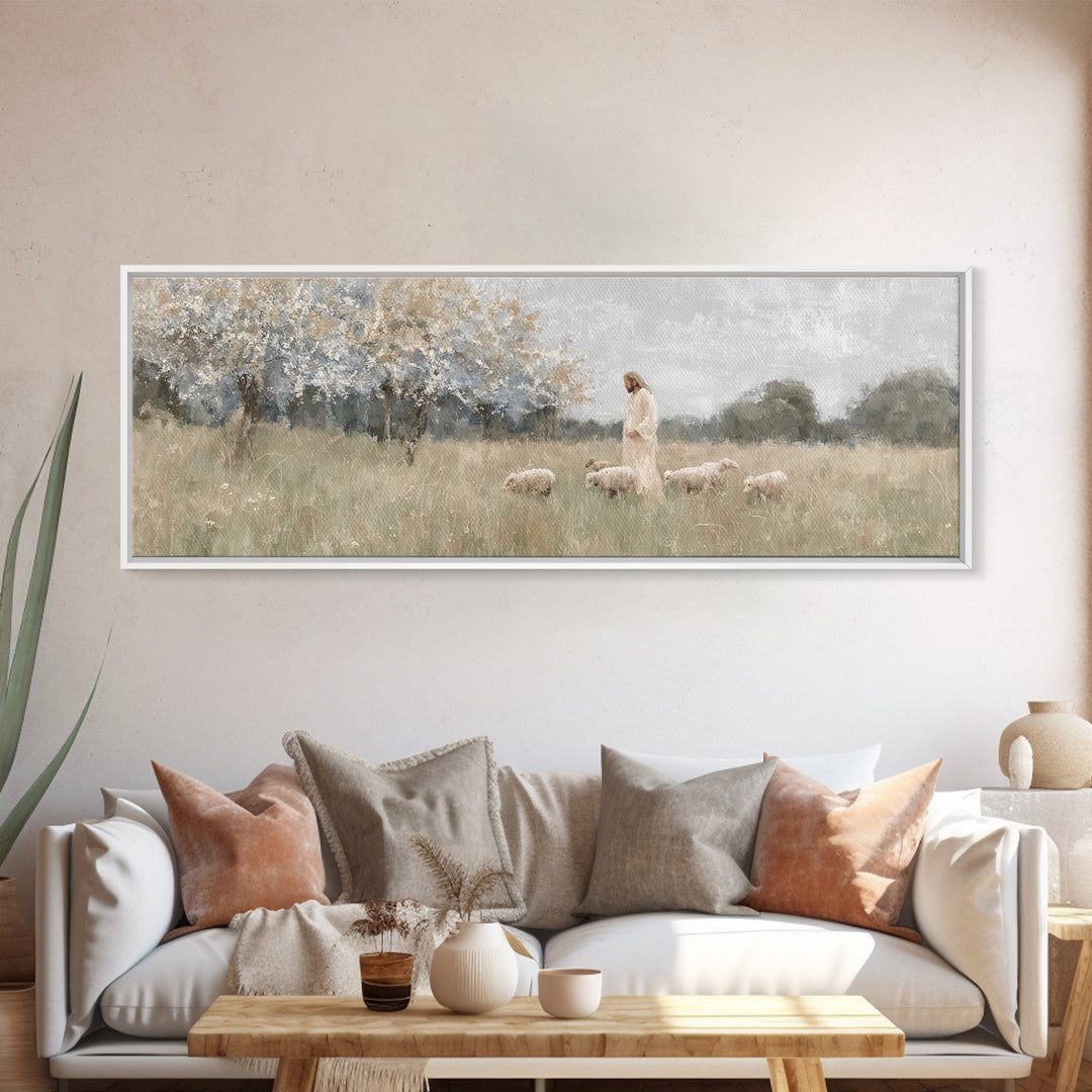 Heavenly Pastures | Framed Canvas Print | Christian Wall Art | Panoramic Art | Jesus Painting | Christian Art Canvas | Christmas Art