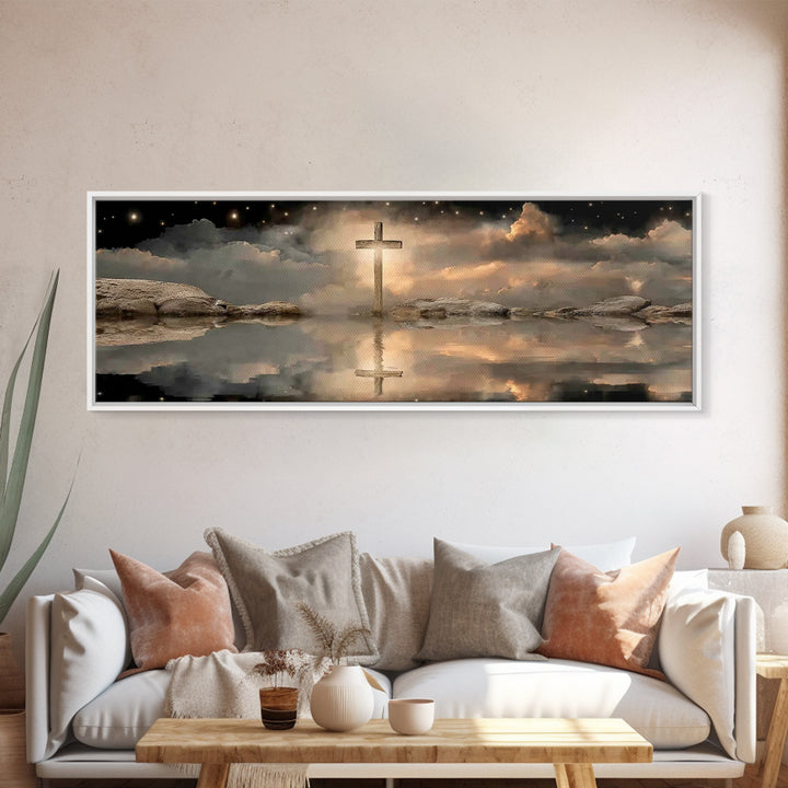 Night Of The Cross – Framed Canvas Print – Panoramic Wall Art – Christian Art Canvas – Christian Painting – Christmas Art – Christian Decor