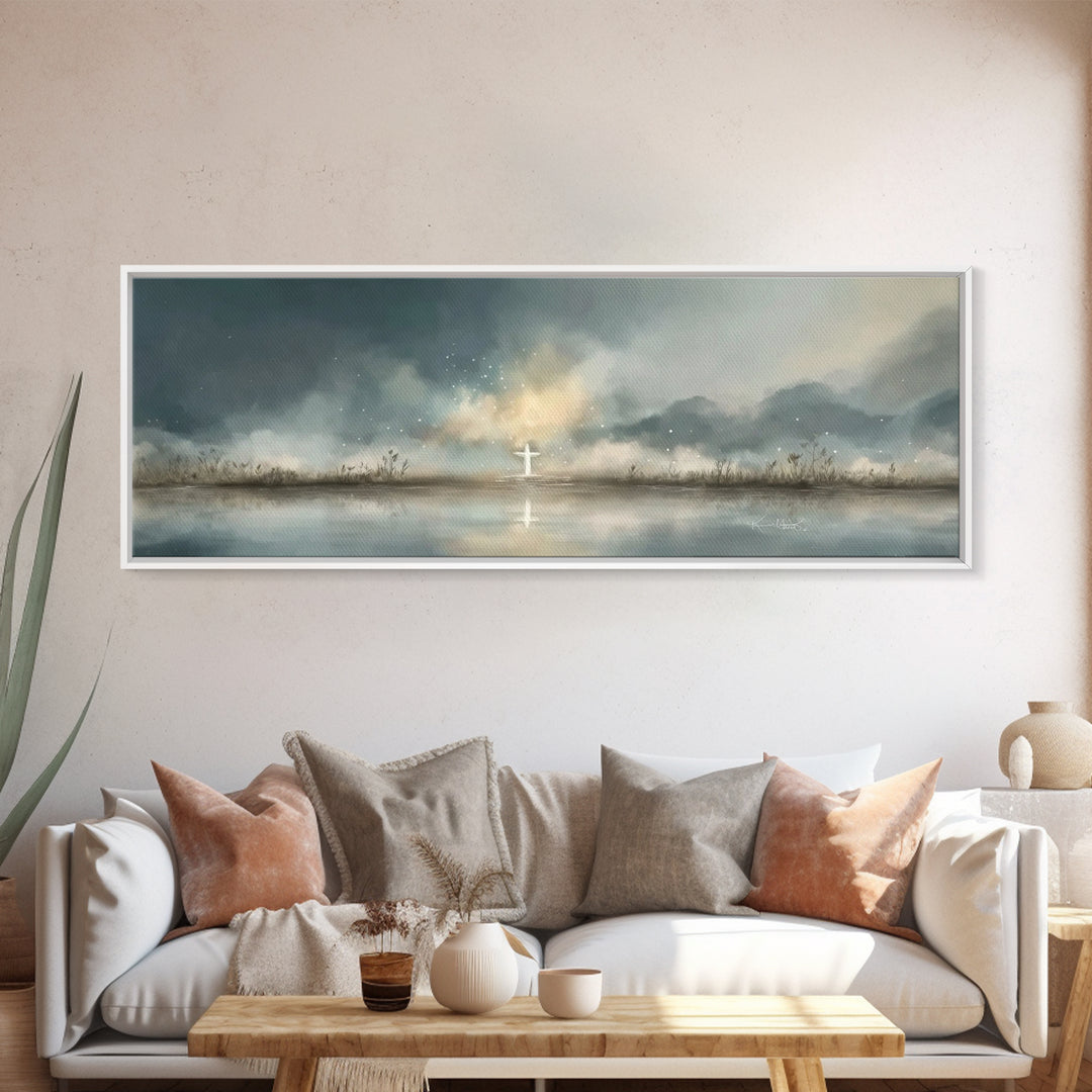 Cross At Horizon | Framed Canvas Print | Panoramic Print | Christian Art Canvas | Christian Wall Art | Minimalist Christian Art | Christmas