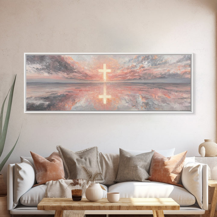 Radiant Cross Sky | Framed Canvas Print | Christian Art Canvas | Panoramic Wall Art | Christian Painting | Christian Decor | Christmas Art