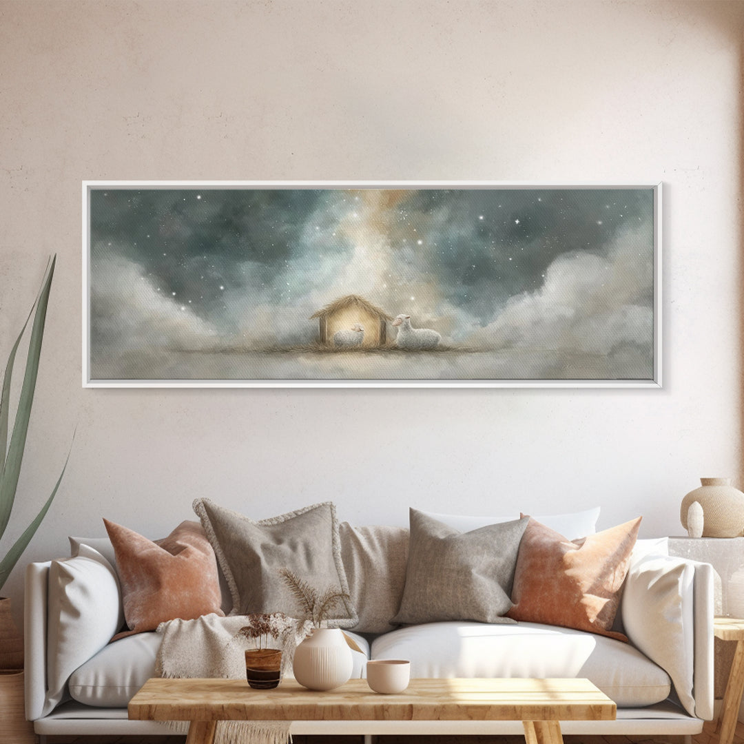 Starry Holy Night, Framed Canvas Print, Christian Wall Art, Panoramic Painting, Christian Christmas Art, Christian Art Print, Jesus Canvas