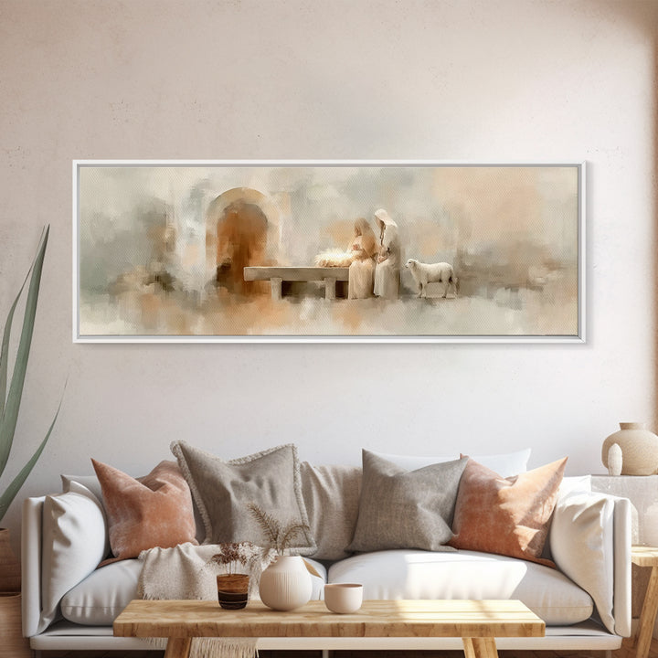 Sacred Manger Light – Framed Canvas Print – Christmas Art – Panoramic Frame – Christian Christmas Decor – Christian Painting – Christian Ar