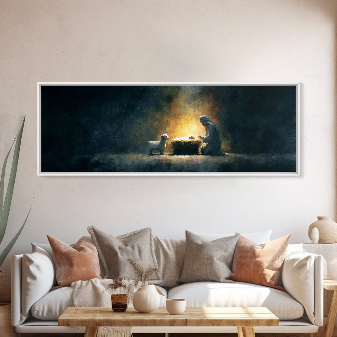 Silent Nativity Glow – Framed Canvas Print – Panoramic Art – Christian Wall Art – Christmas Art – Christian Art Print – Jesus Christmas Art