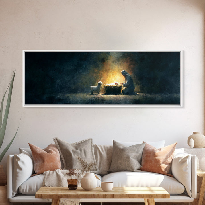 Silent Nativity Glow – Framed Canvas Print – Panoramic Art – Christian Wall Art – Christmas Art – Christian Art Print – Jesus Christmas Art