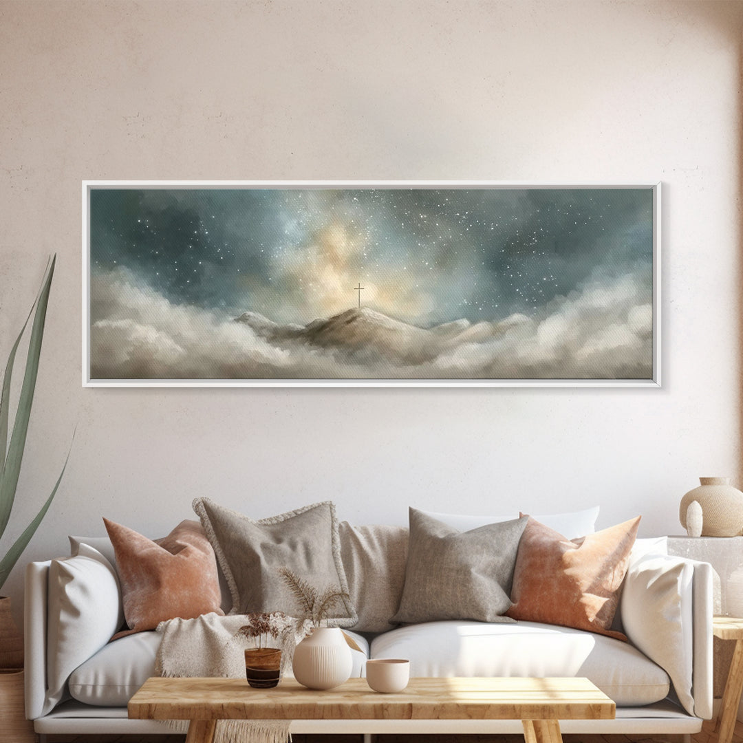 Starlit Redemption | Framed Canvas Print | Christian Wall Art | Jesus Painting | Christian Art Print | Christmas Art | Panoramic Wall Art