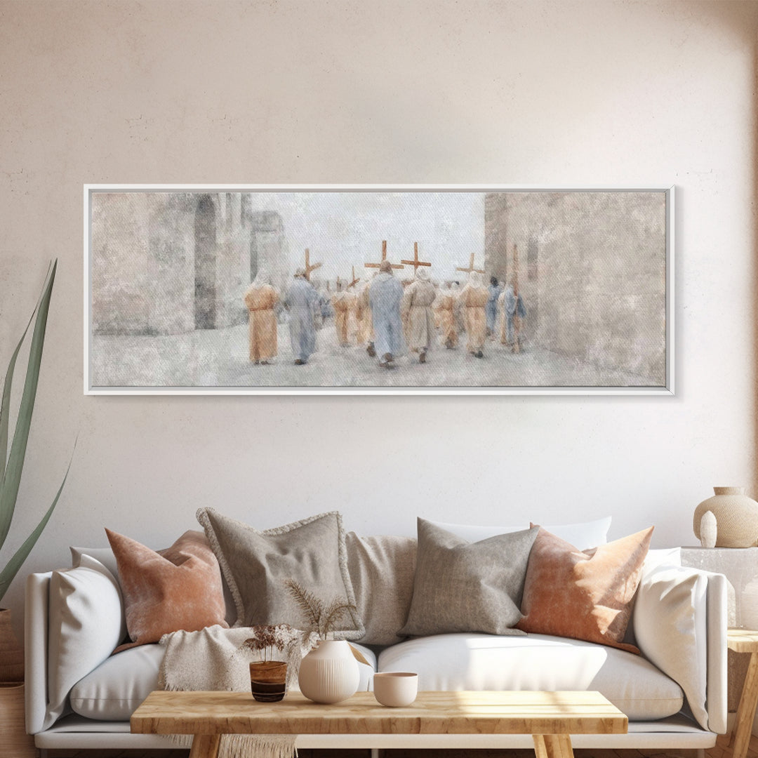 Pilgrims Of Light, Framed Canvas Print, Christian Wall Art, Christian Art Canvas, Panoramic Painting, Modern Christian Art