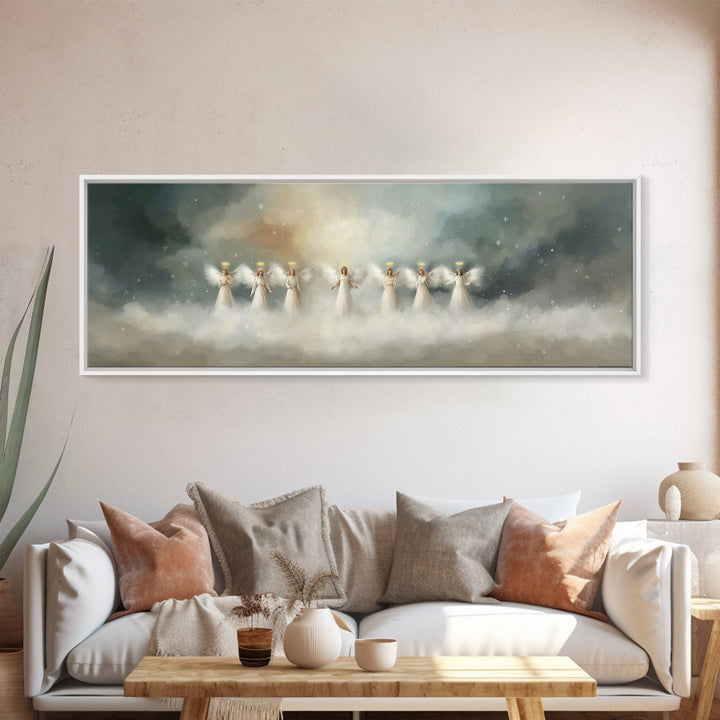 Angels Of Dawn, Framed Canvas Print, Christian Wall Art, Panoramic Art, Christian Christmas Art, Christian Art Canvas