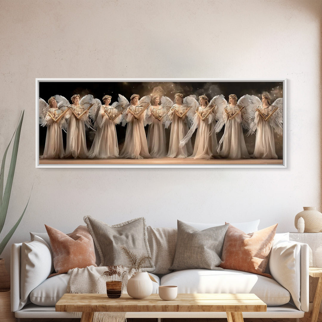 Celestial Harp Circle | Framed Canvas Print | Christian Art Canvas | Panoramic Wall Art | Christian Wall Art | Christmas Art